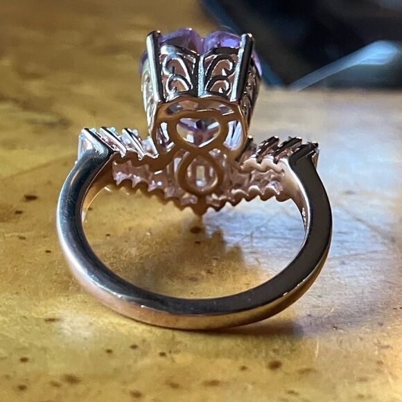 Natural Rose de France Amethyst Sterling Silver Chevron Heart Ring Size 6 - Picture 5 of 9